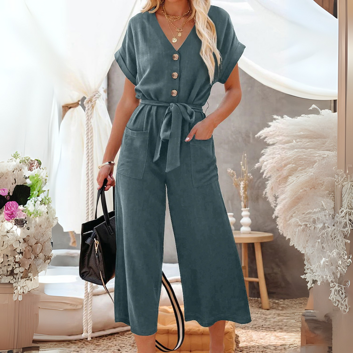 Women's Maggie-Blue Dolman Button Belted V-Neck Wide Leg Pocketed Jumpsuit