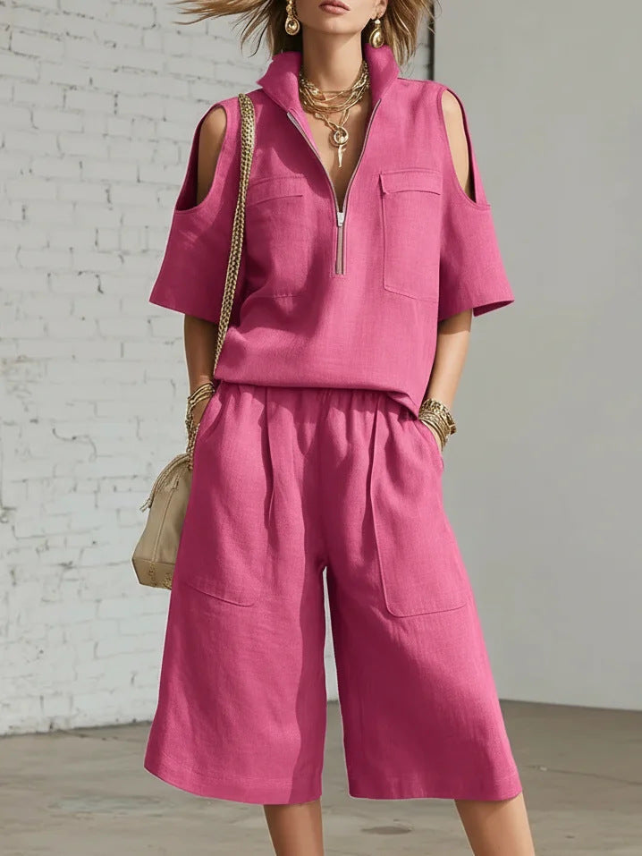 Women's Casual Short-Sleeve Shirt & Loose Shorts Two-Piece Set