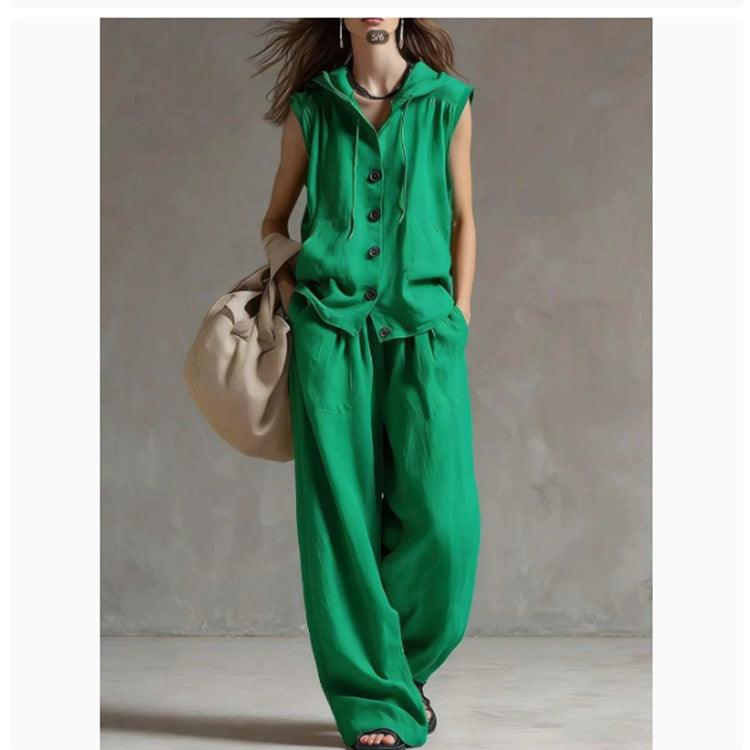 Women's Two-Piece Sleeveless Hooded Top & High-Waist Wide-Leg Pants Set