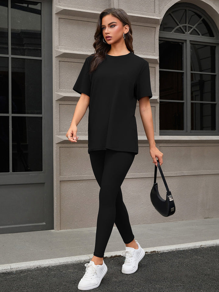 Women's Three Piece Set, Round Neck Short Sleeved Top And Shorts And Pants Set, Sports And Casual Clothing See size chart under “more details”
