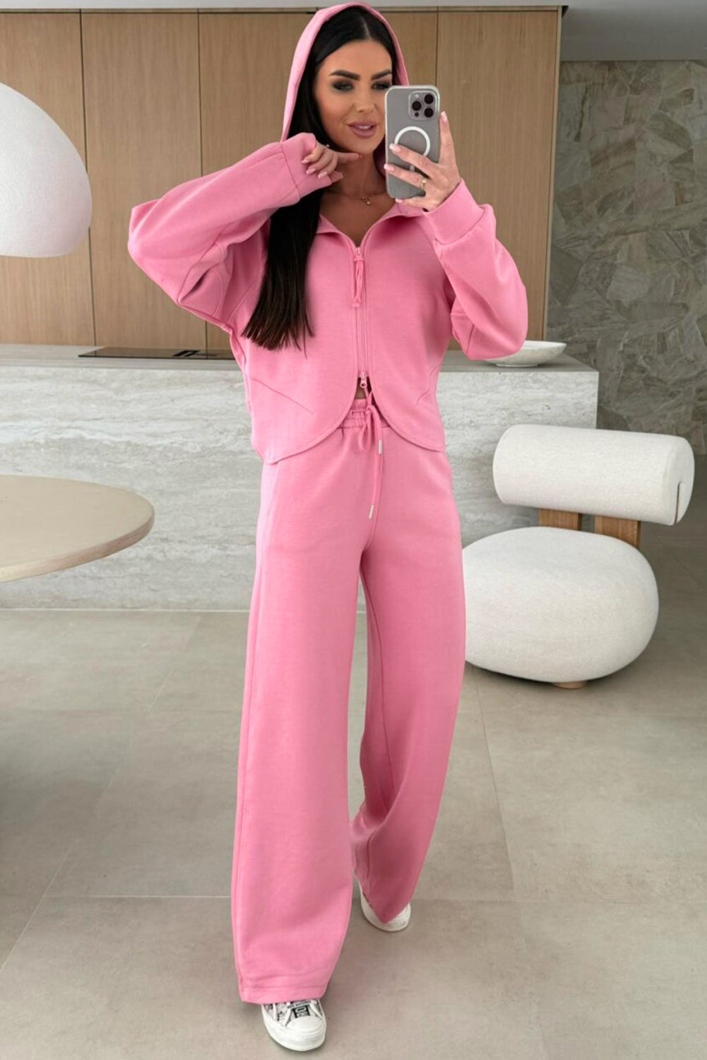 Women's Pink Solid Color Zip Up Hoodie Drawstring Loose Pants Set