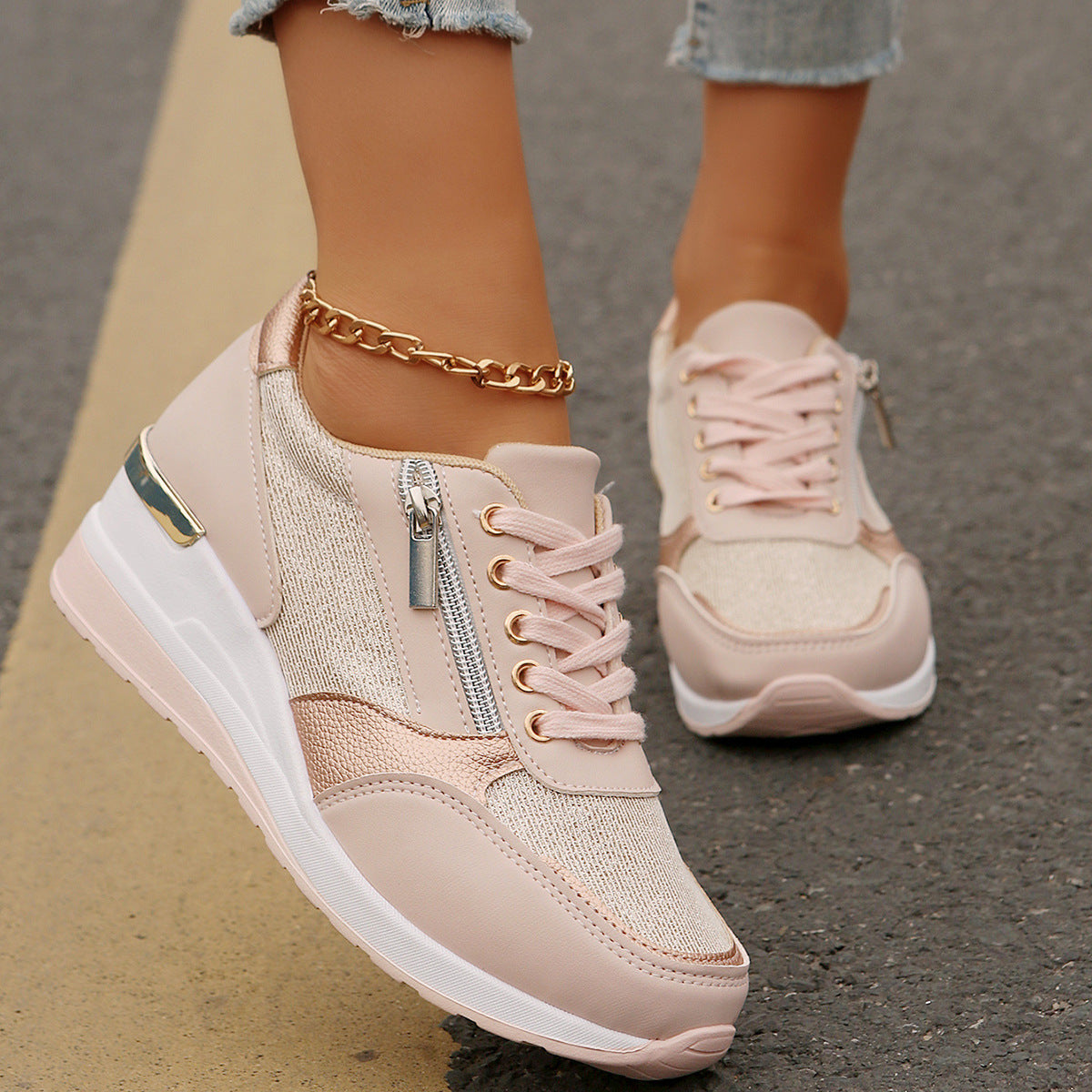 Women's Metallic Lace-Up Side Zipper Thick-Sole Sneakers