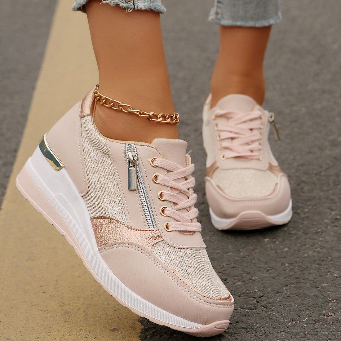 Women's Metallic Lace-Up Side Zipper Thick-Sole Sneakers