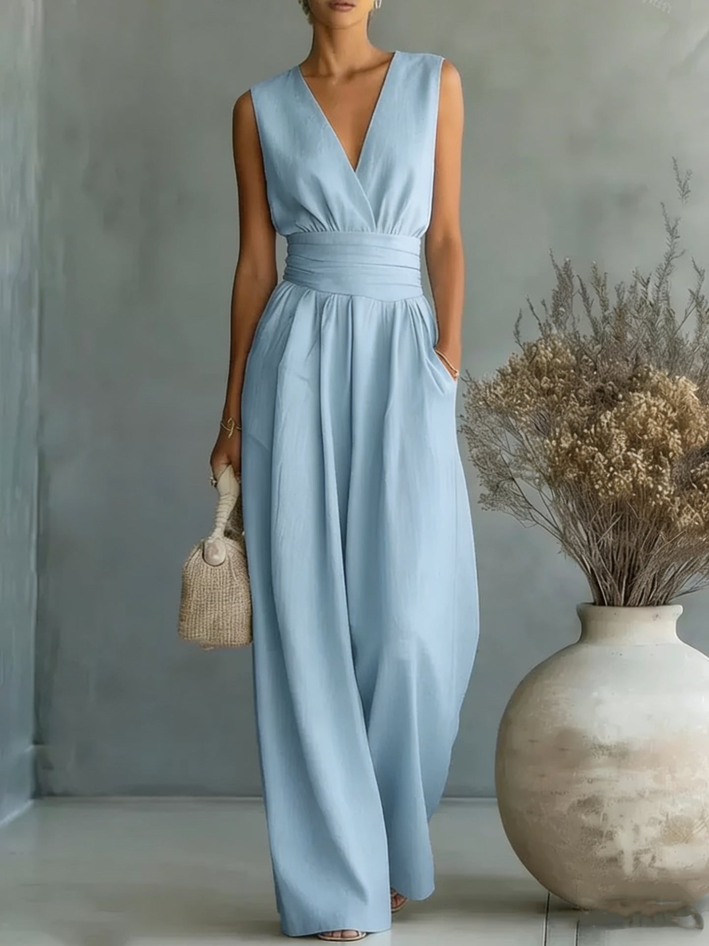 Women's Elegant V-Neck Sleeveless Waist-Cinching Straight Leg Jumpsuit