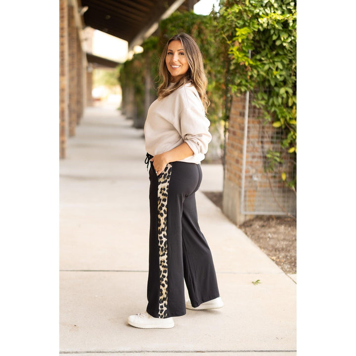 Women's Chelsea - Black Wide Leg with Leopard Panel Loungers