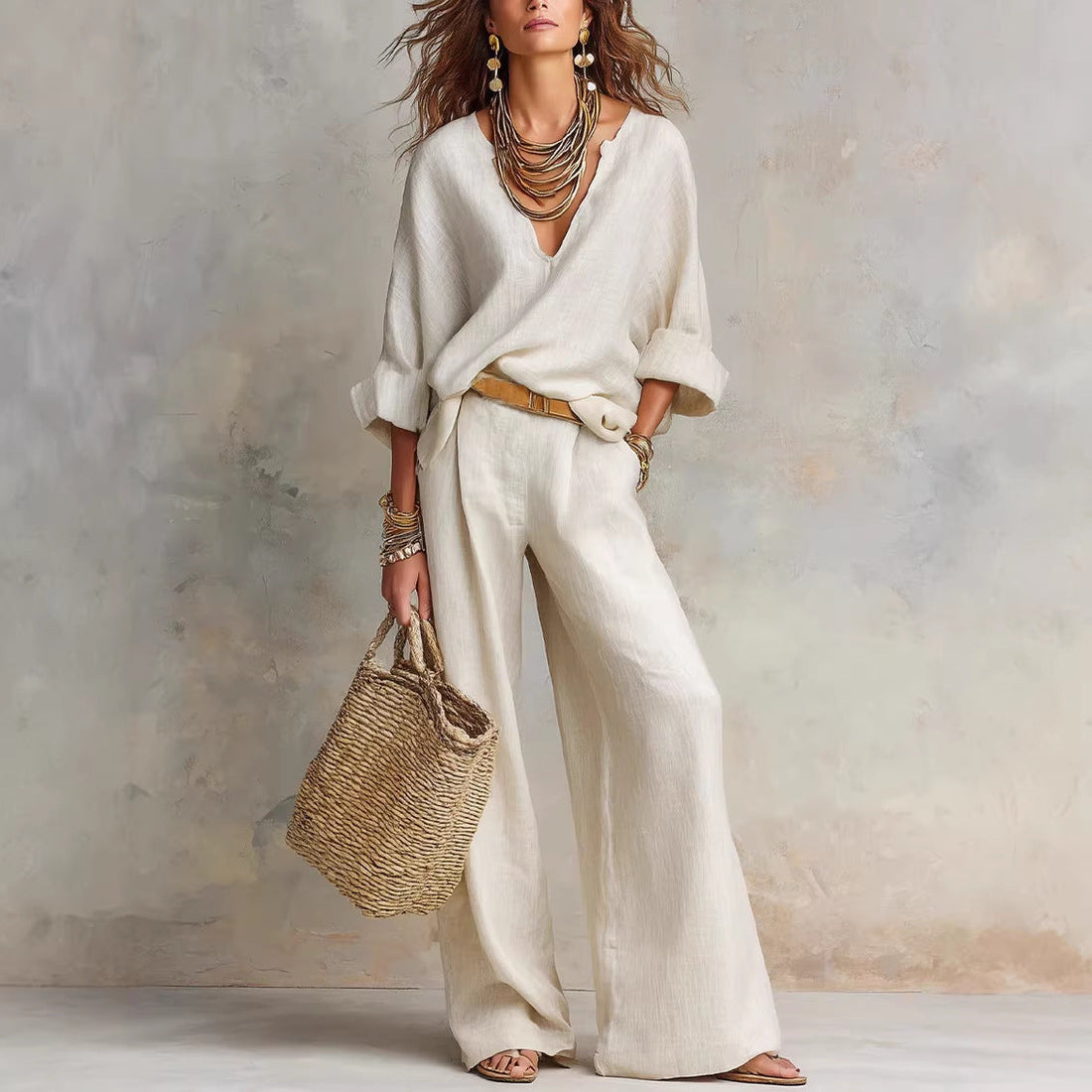 Women's Casual Linen Three-Quarter Sleeve Top & Full-Length Pants Set