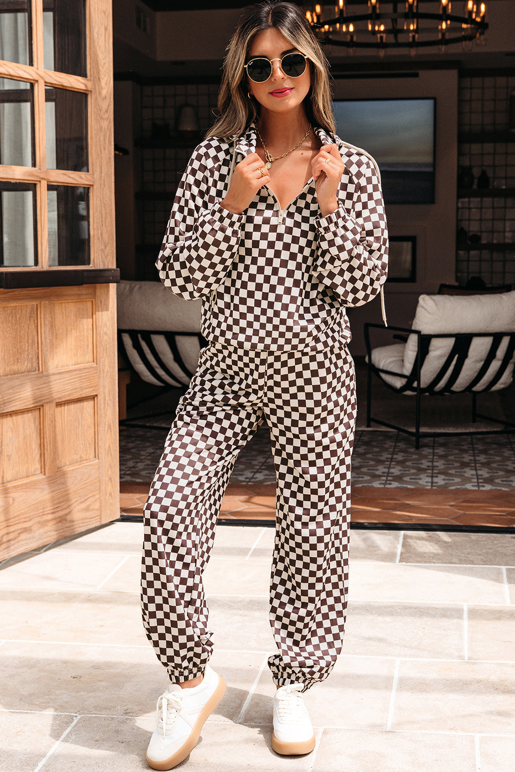 Women's Black Athleisure Checkered 2pcs Pants Set