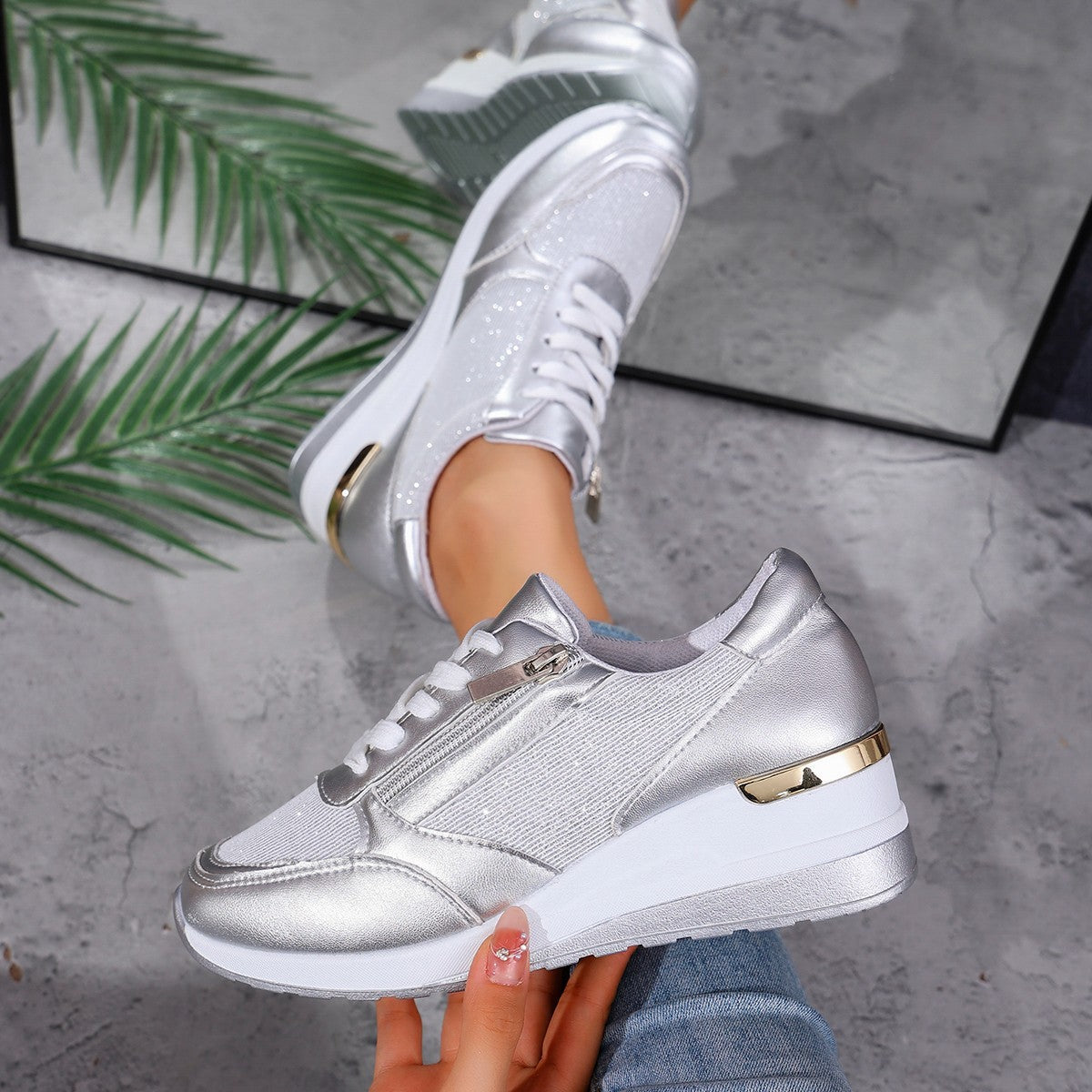 Women's Metallic Lace-Up Side Zipper Thick-Sole Sneakers