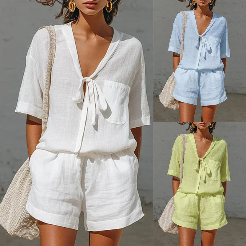 Women's Casual Summer Lace-Up Short-Sleeve Shirt & Loose Shorts Set