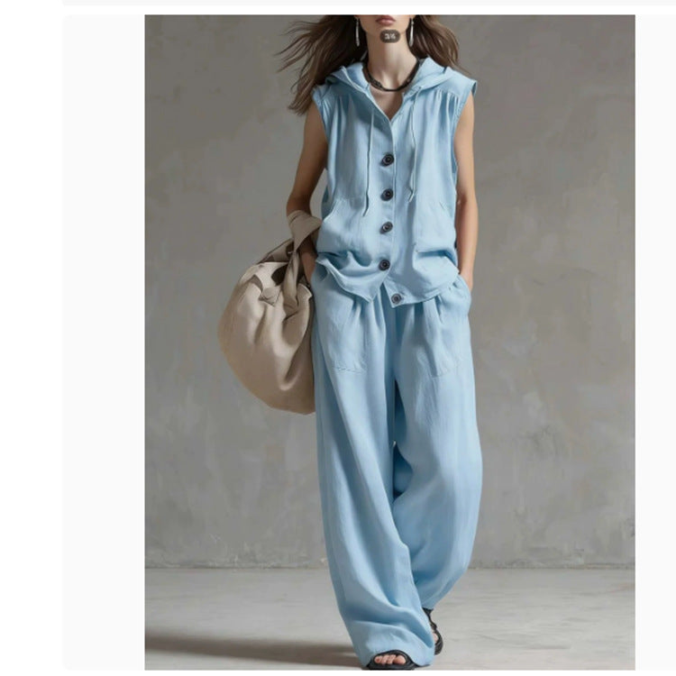 Women's Two-Piece Sleeveless Hooded Top & High-Waist Wide-Leg Pants Set