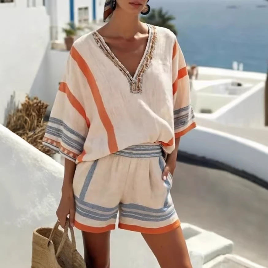 Women's Cotton Striped V Neck Top and Shorts Set