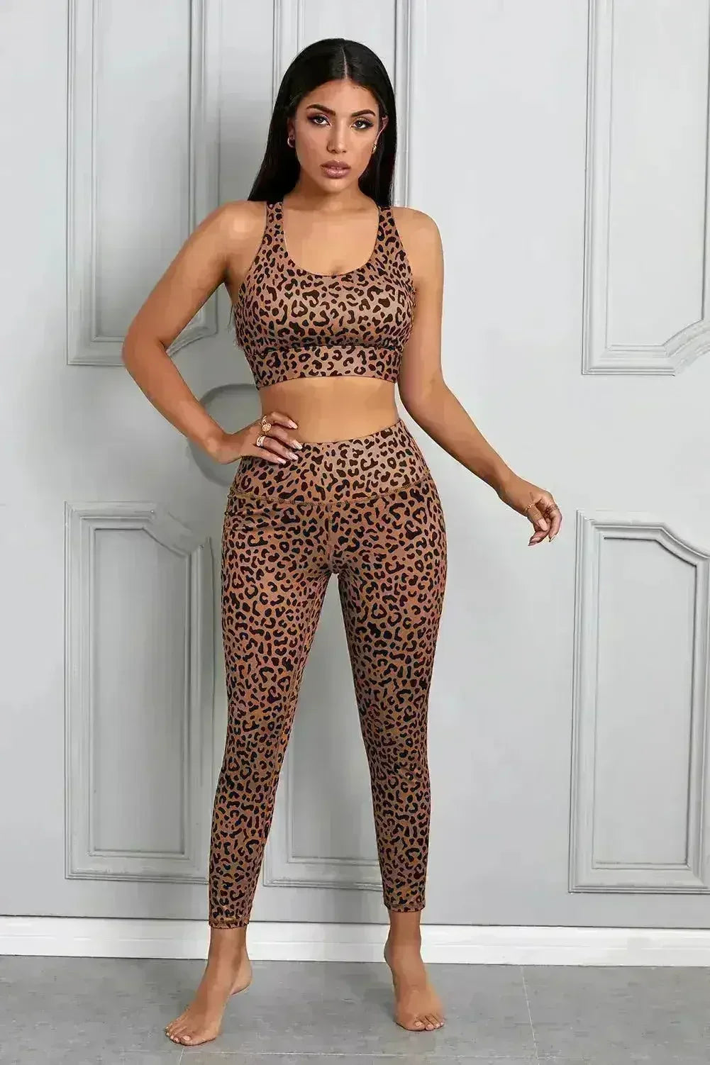 Women's Brown Cheetah Print Sport Bra Pants Set