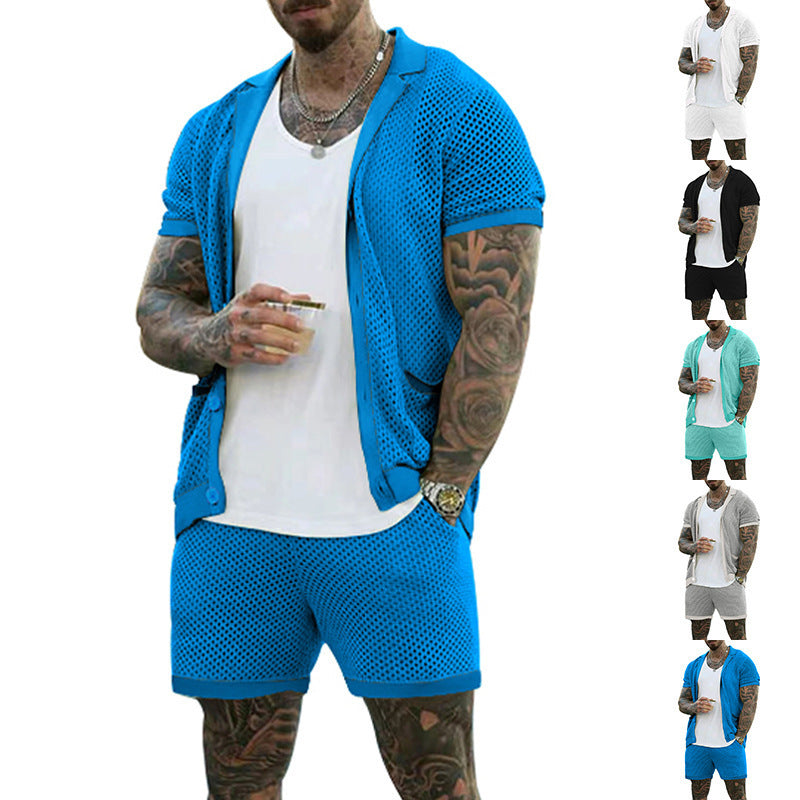 Men's Summer Cool Mesh Lapel Short Sleeve Shorts Suit