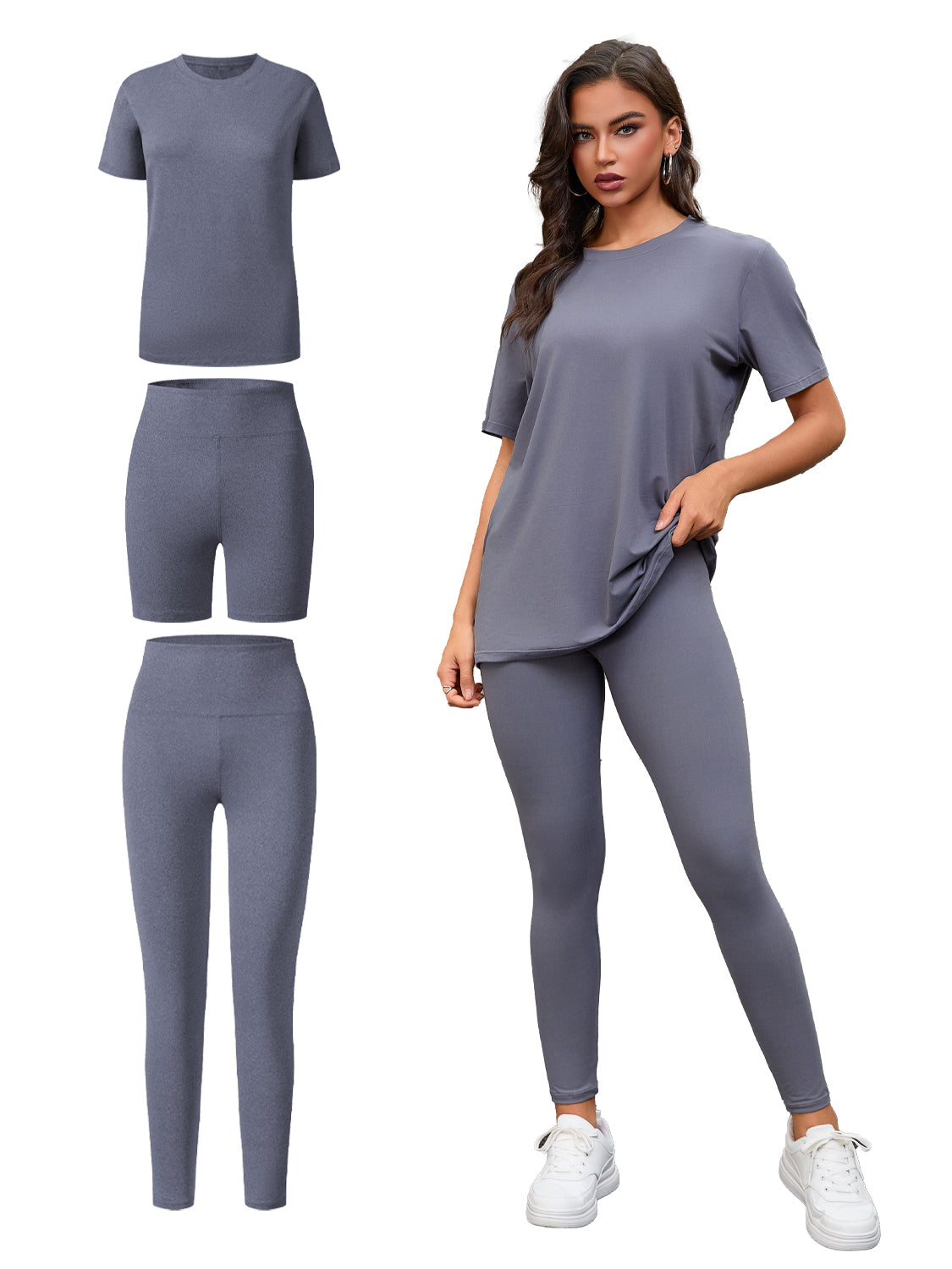 Women's Three Piece Set, Round Neck Short Sleeved Top And Shorts And Pants Set, Sports And Casual Clothing See size chart under “more details”