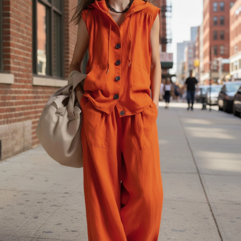 Women's Two-Piece Sleeveless Hooded Top & High-Waist Wide-Leg Pants Set