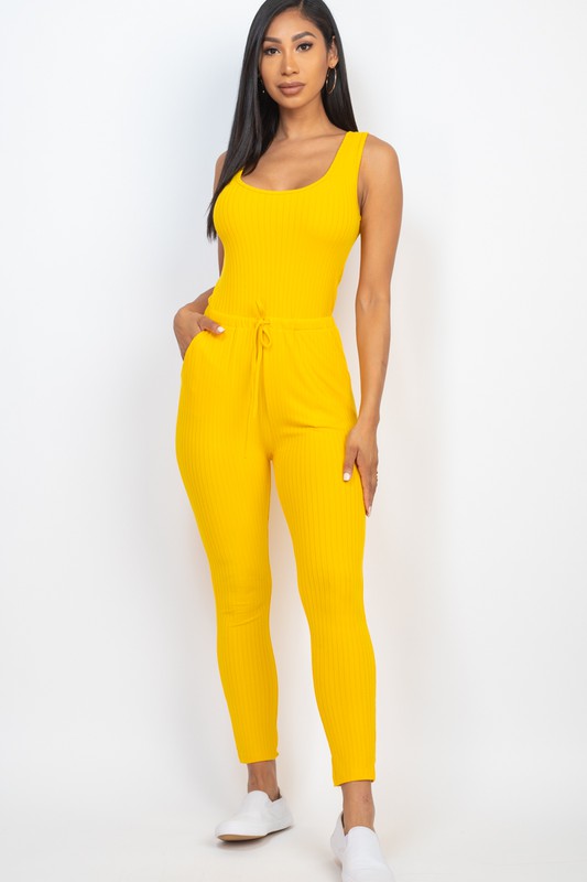 Women's Ribbed Sleeveless Drawstring Catsuit Jumpsuit