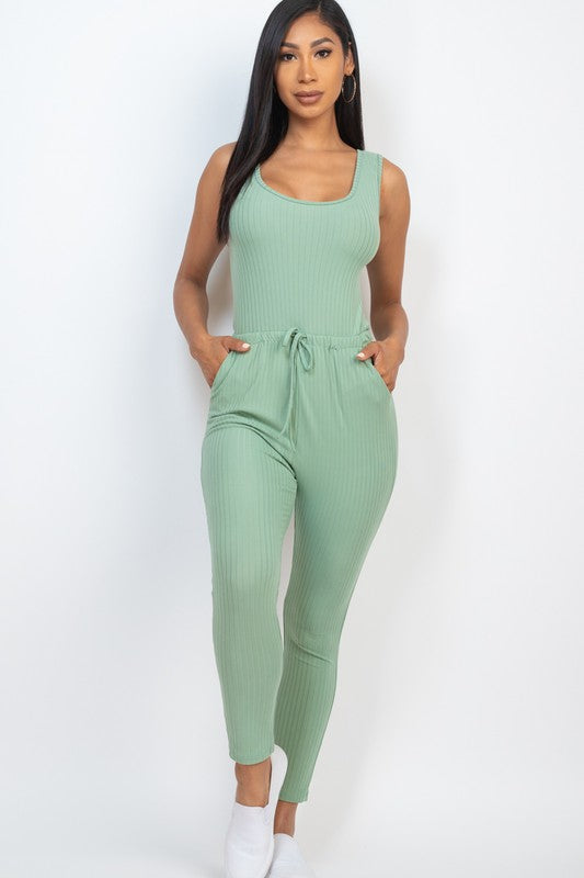 Women's Ribbed Sleeveless Drawstring Catsuit Jumpsuit