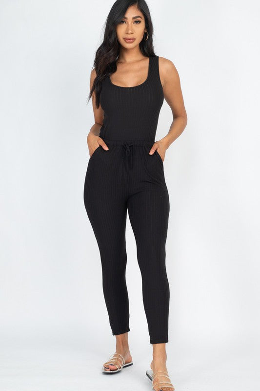 Women's Ribbed Sleeveless Drawstring Catsuit Jumpsuit