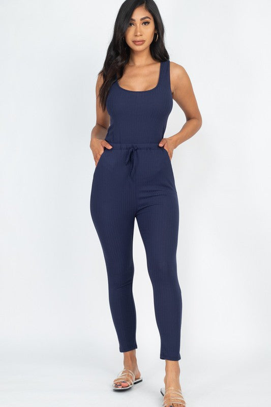 Women's Ribbed Sleeveless Drawstring Catsuit Jumpsuit