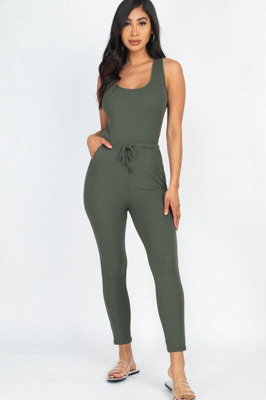 Women's Ribbed Sleeveless Drawstring Catsuit Jumpsuit