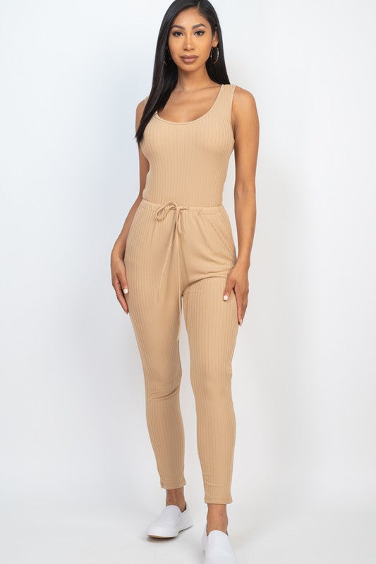 Women's Ribbed Sleeveless Drawstring Catsuit Jumpsuit