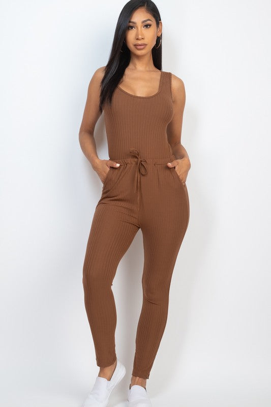 Women's Ribbed Sleeveless Drawstring Catsuit Jumpsuit
