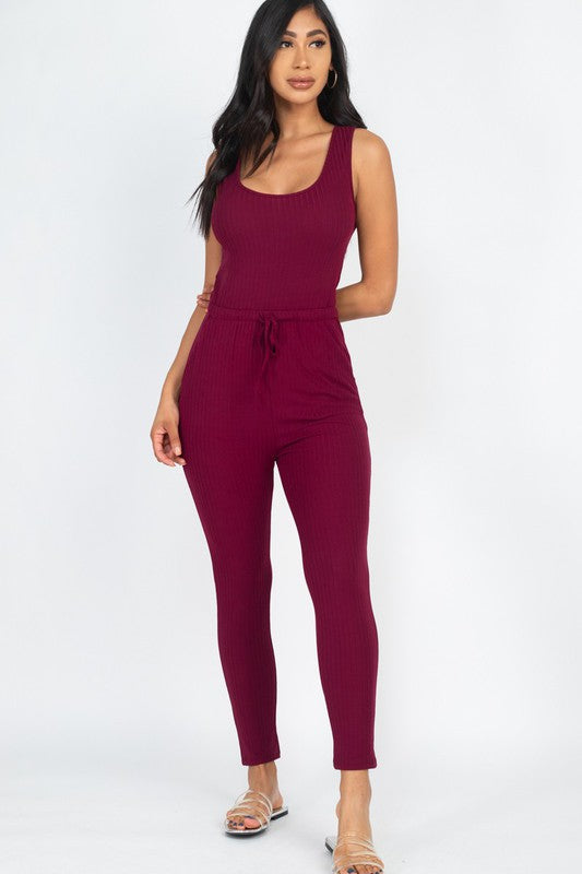 Women's Ribbed Sleeveless Drawstring Catsuit Jumpsuit