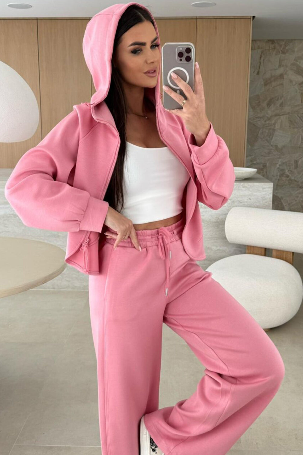 Women's Pink Solid Color Zip Up Hoodie Drawstring Loose Pants Set
