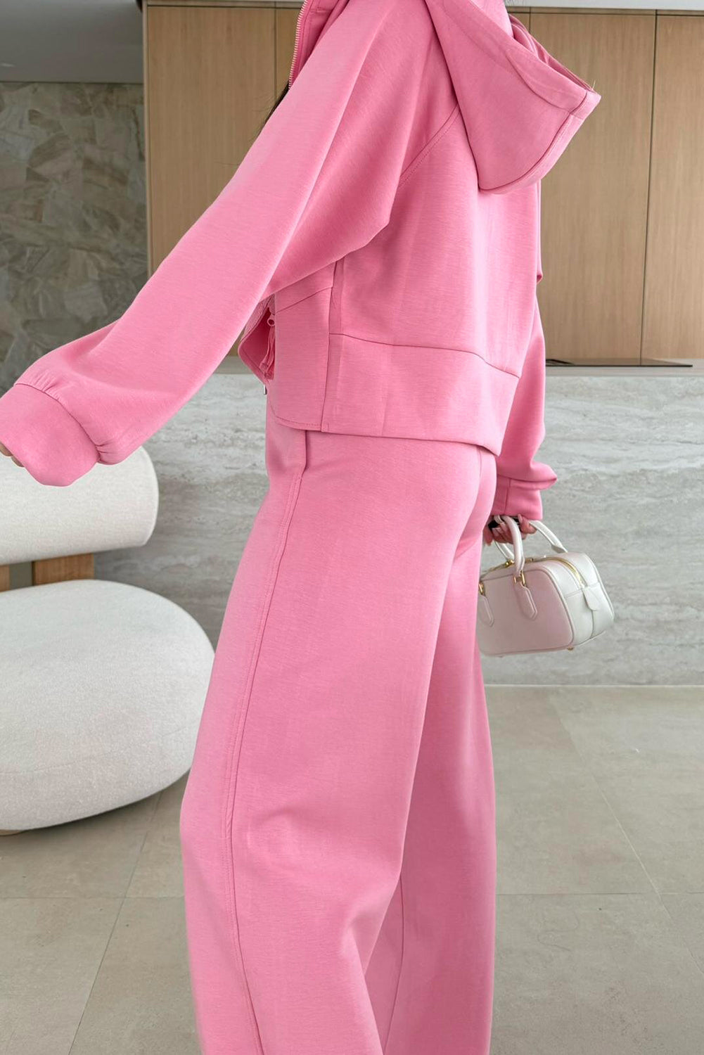 Women's Pink Solid Color Zip Up Hoodie Drawstring Loose Pants Set