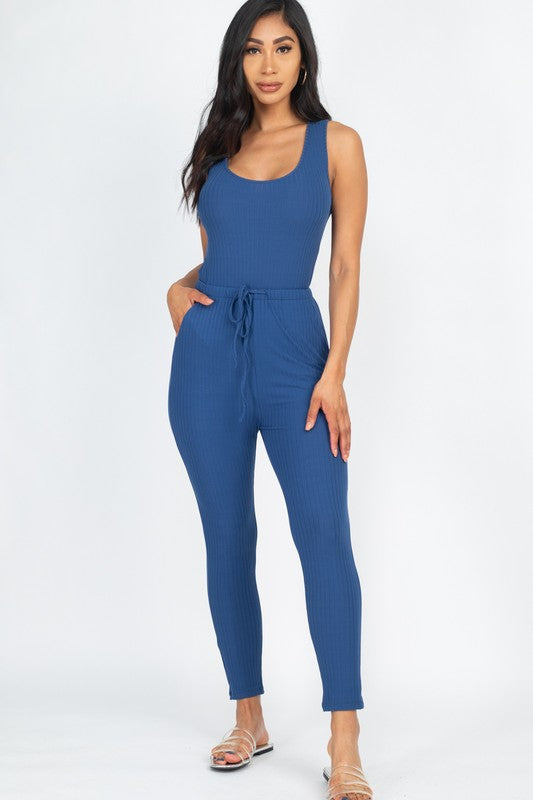Women's Ribbed Sleeveless Drawstring Catsuit Jumpsuit