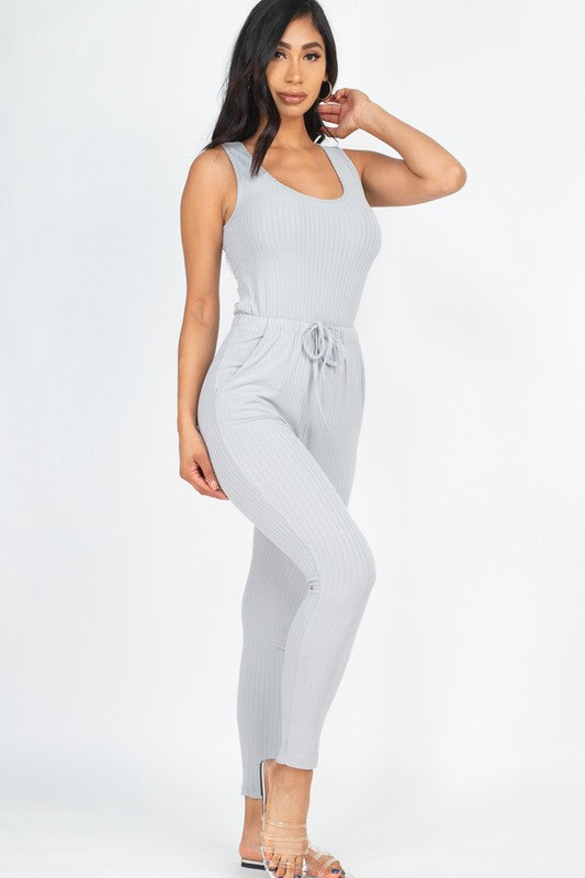 Women's Ribbed Sleeveless Drawstring Catsuit Jumpsuit
