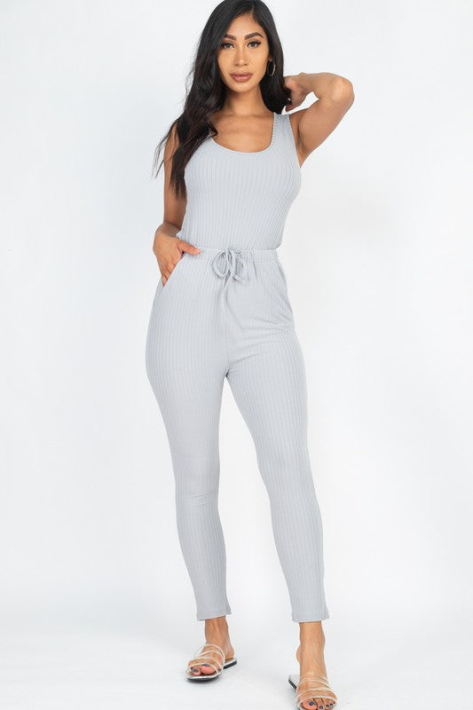 Women's Ribbed Sleeveless Drawstring Catsuit Jumpsuit