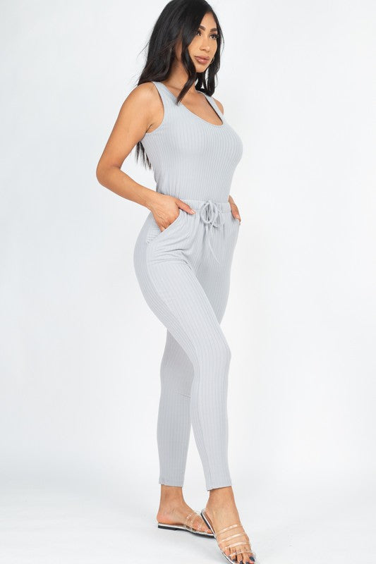 Women's Ribbed Sleeveless Drawstring Catsuit Jumpsuit