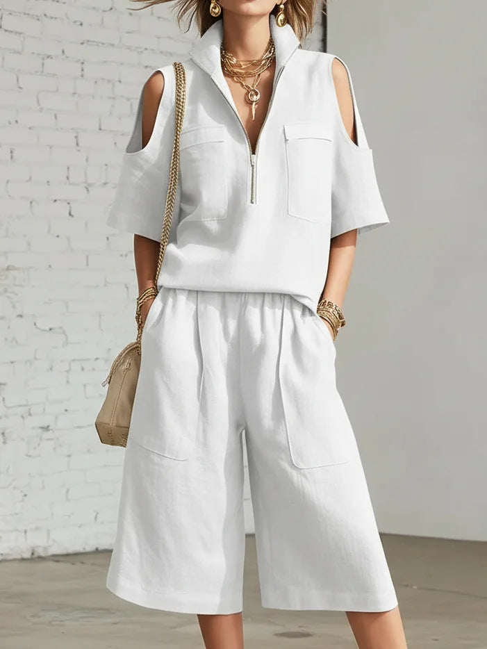 Women's Casual Short-Sleeve Shirt & Loose Shorts Two-Piece Set