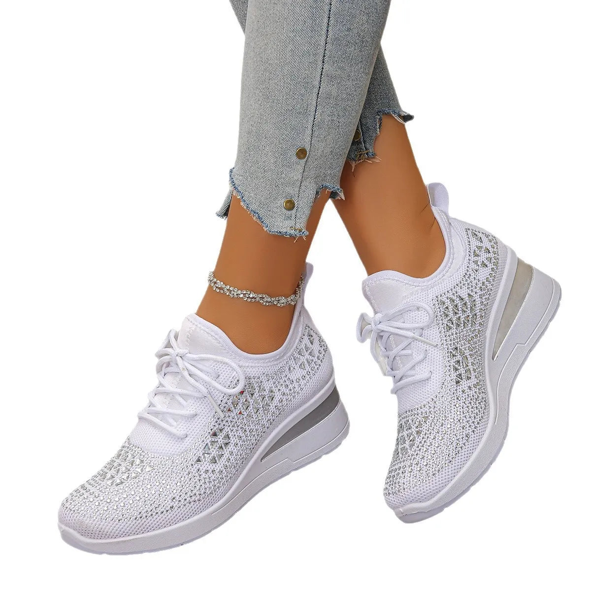 Women's Breathable Mesh Rhinestone Wedge Athletic Sneakers