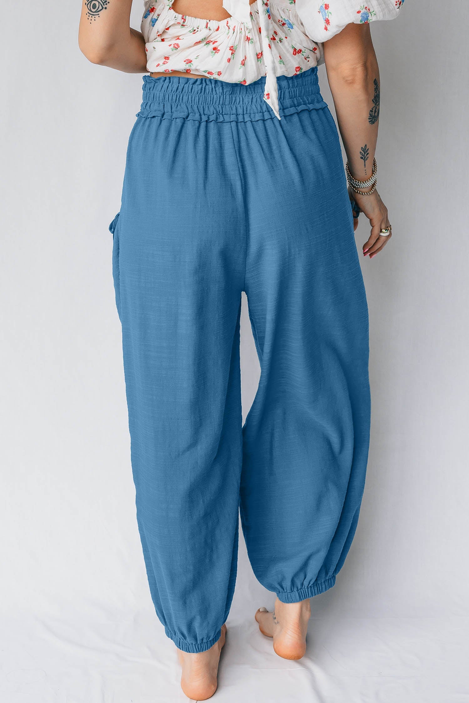 Women's Smocked High Waist Drawstring Pocket Jogger Pants