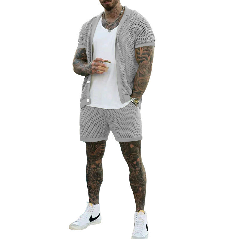 Men's Summer Cool Mesh Lapel Short Sleeve Shorts Suit