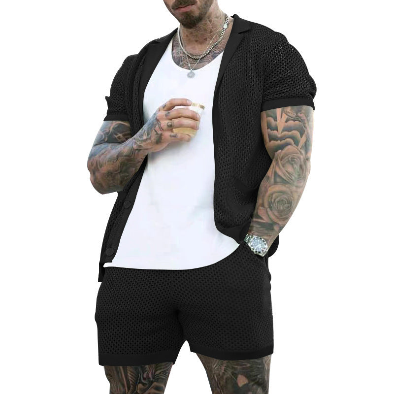 Men's Summer Cool Mesh Lapel Short Sleeve Shorts Suit