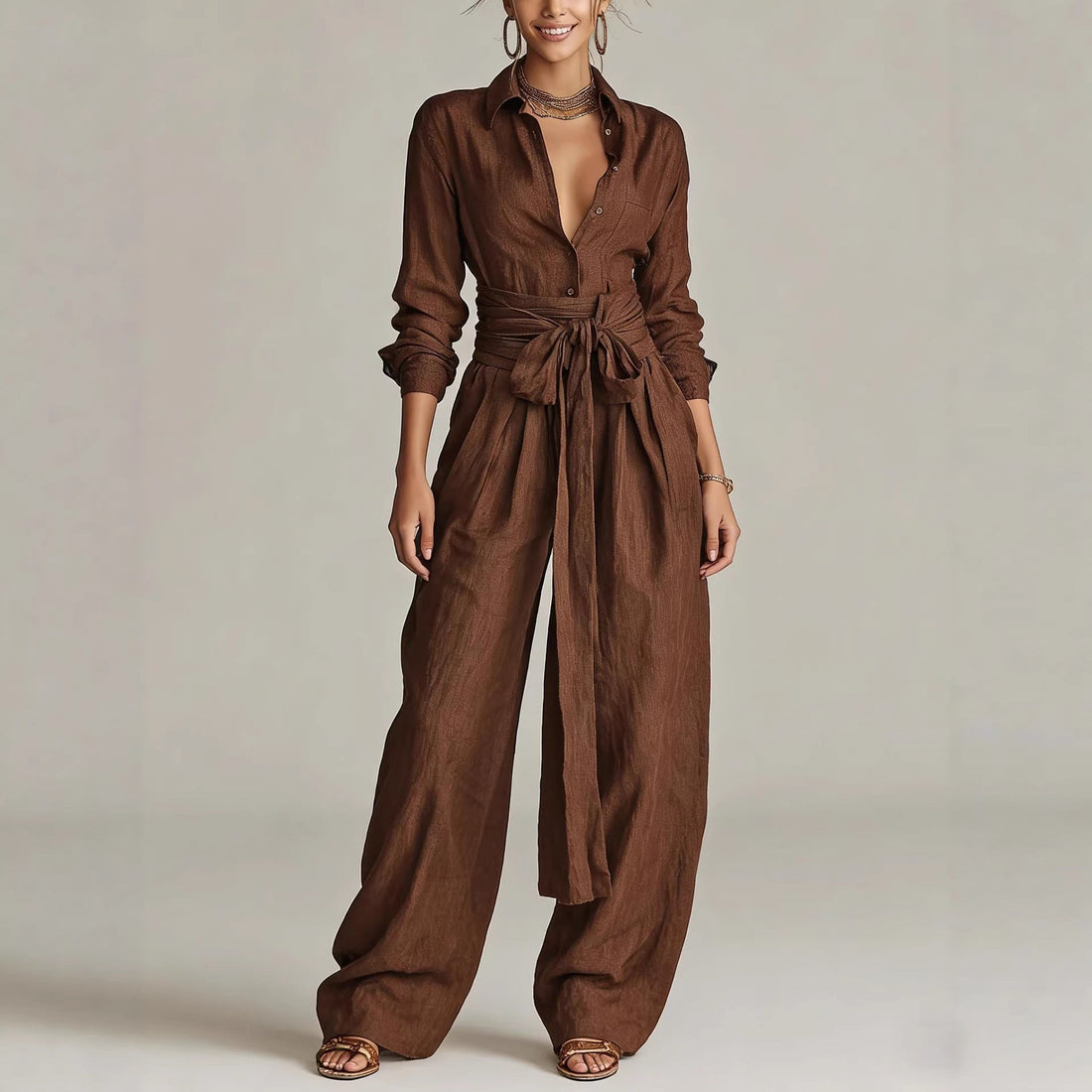 Women's Casual Long Sleeve Button-Up Shirt and Pants Set