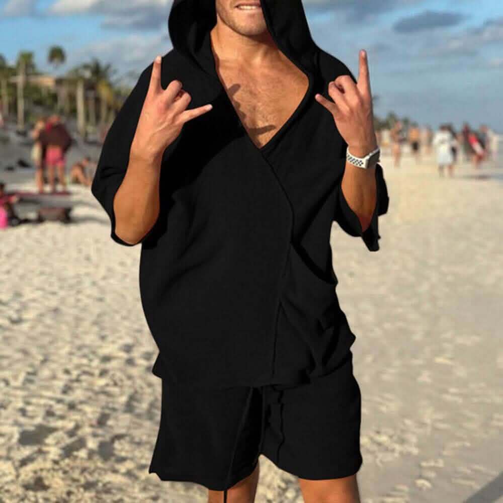 2-Piece: Men's Hooded Tracksuit T- Shirt and Shorts Set