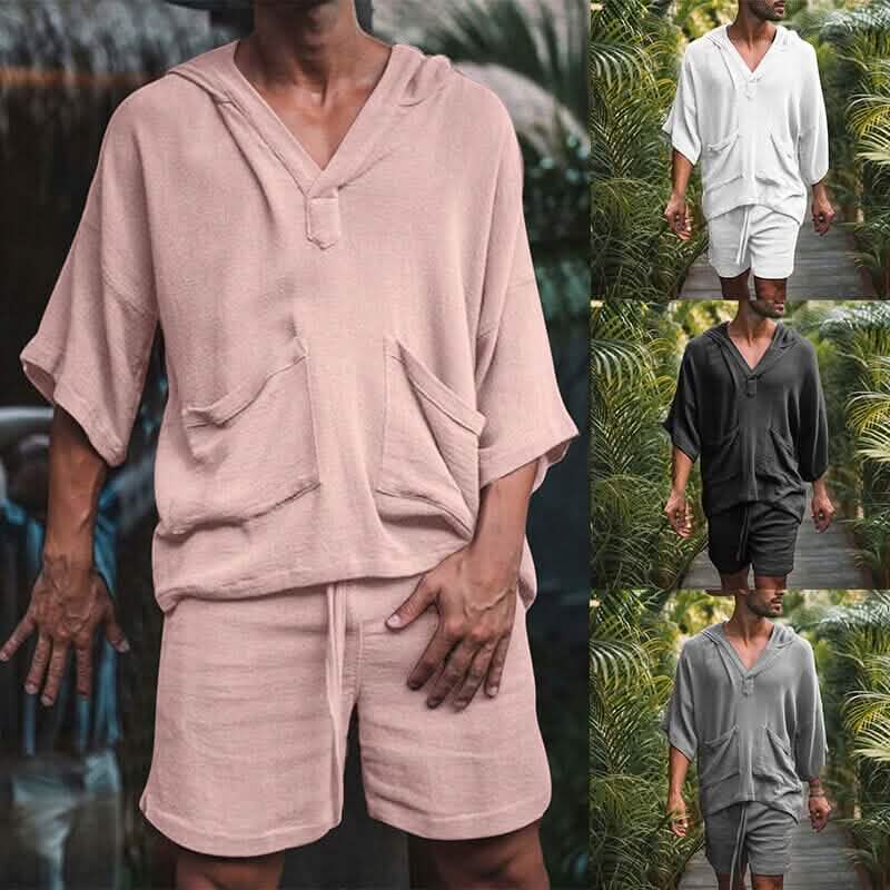 2-Piece Set: Men's Solid Color V Neck Tracksuit Shorts and T Shirt Set