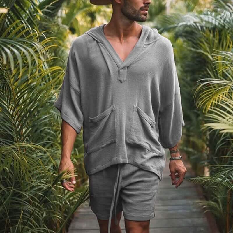 2-Piece Set: Men's Solid Color V Neck Tracksuit Shorts and T Shirt Set