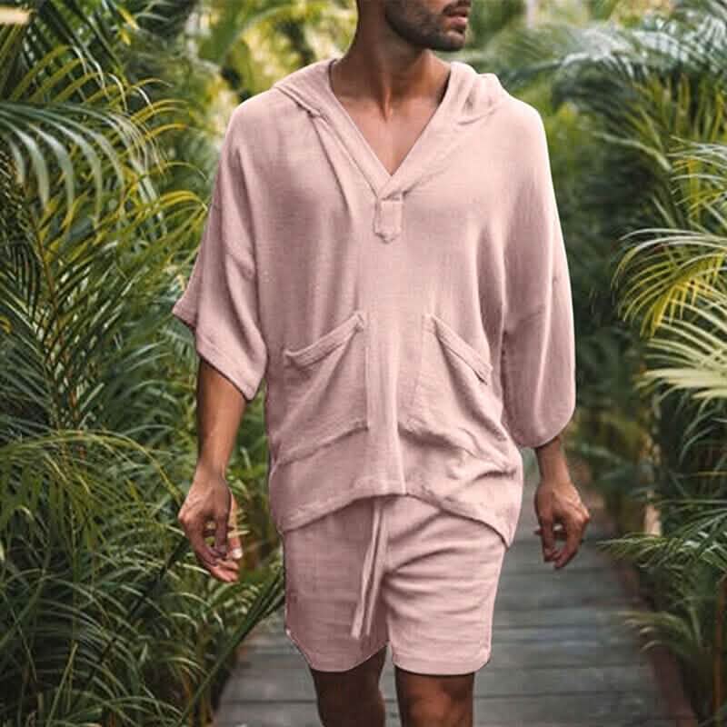 2-Piece Set: Men's Solid Color V Neck Tracksuit Shorts and T Shirt Set