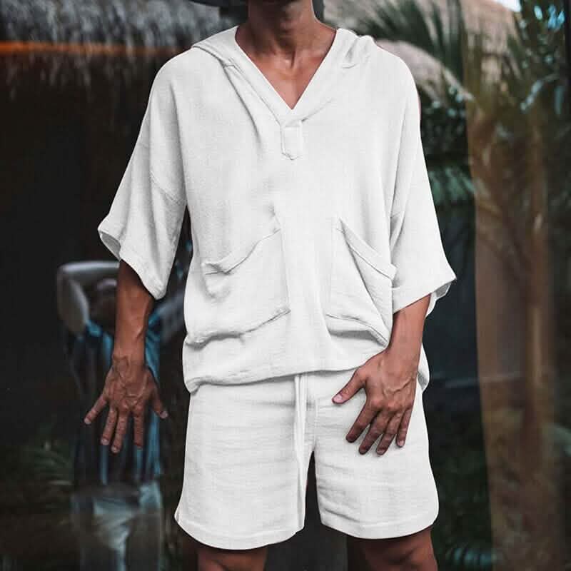 2-Piece Set: Men's Solid Color V Neck Tracksuit Shorts and T Shirt Set