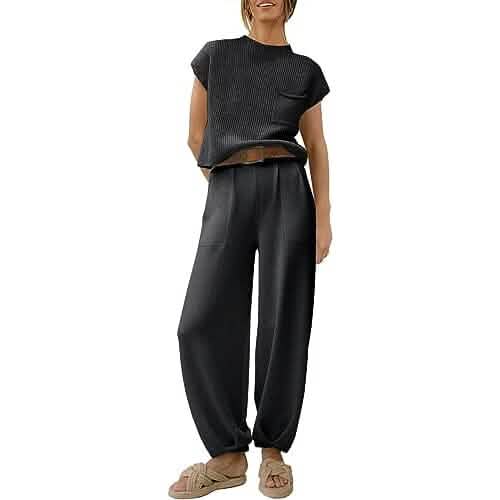 Women's Knit 2 Piece Pullover Tops and High Waisted Pants Tracksuit Lounge Sets