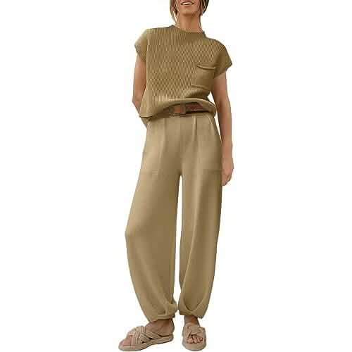 Women's Knit 2 Piece Pullover Tops and High Waisted Pants Tracksuit Lounge Sets