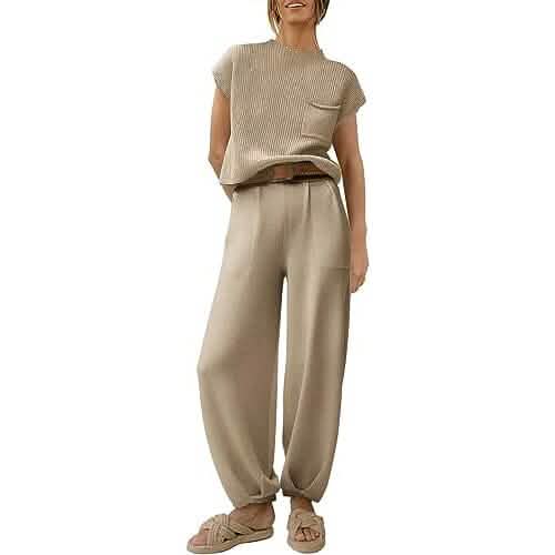 Women's Knit 2 Piece Pullover Tops and High Waisted Pants Tracksuit Lounge Sets