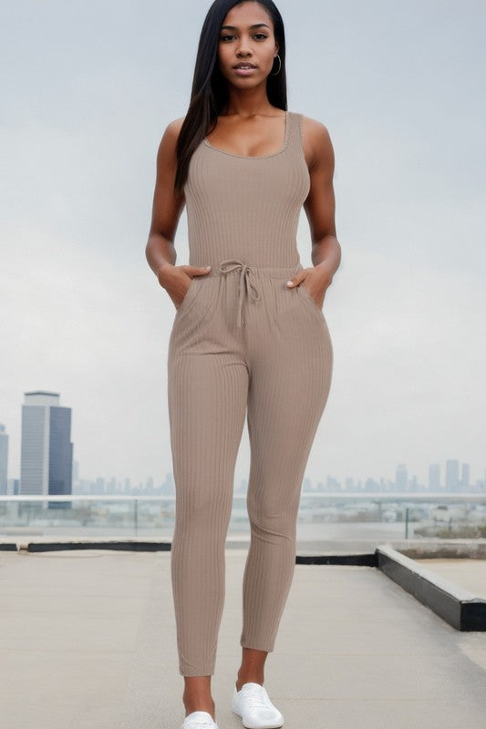 Women's Ribbed Sleeveless Drawstring Catsuit Jumpsuit