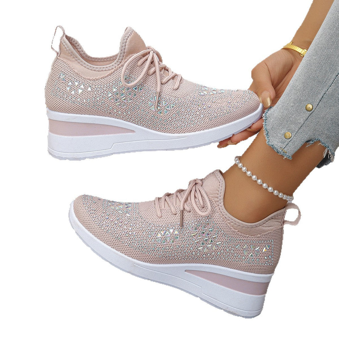 Women's Fashion Rhinestone Lace Up Wedge Sneakers