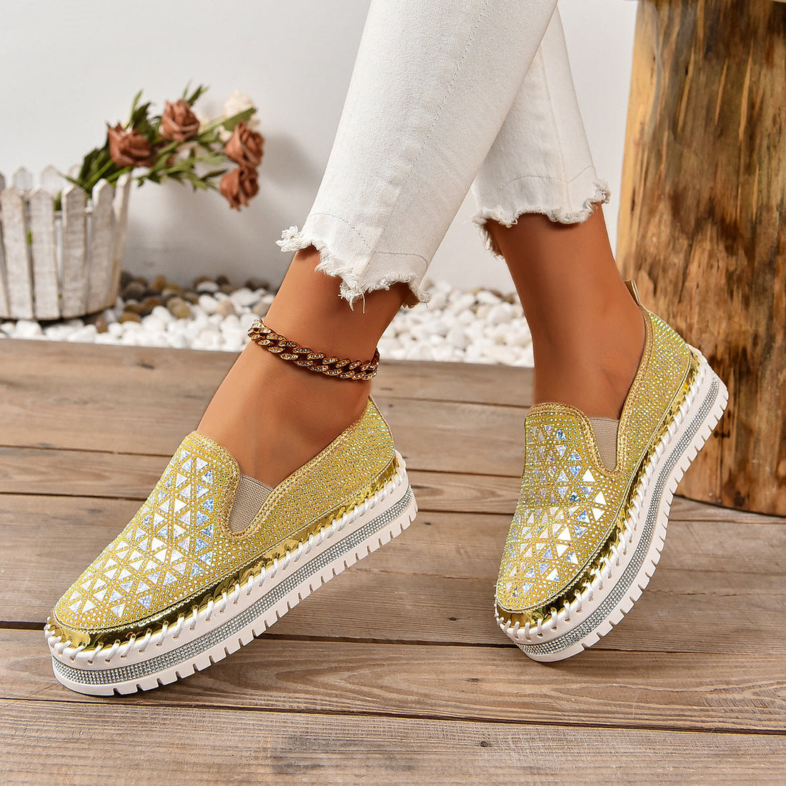 Women’s Casual Blingy Thick-Sole Pedal Flat Sneakers